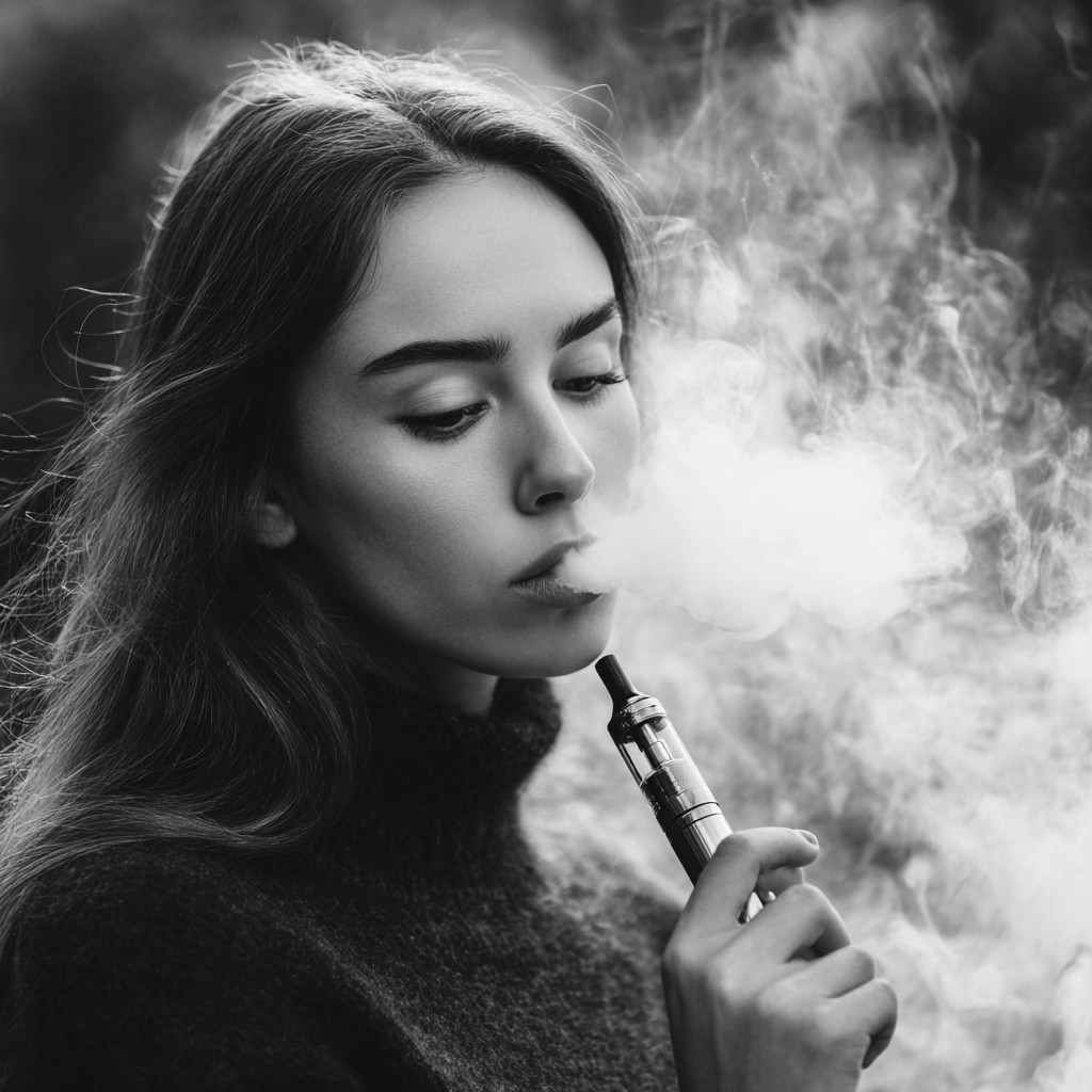 Woman vaping in a misty black and white scene.