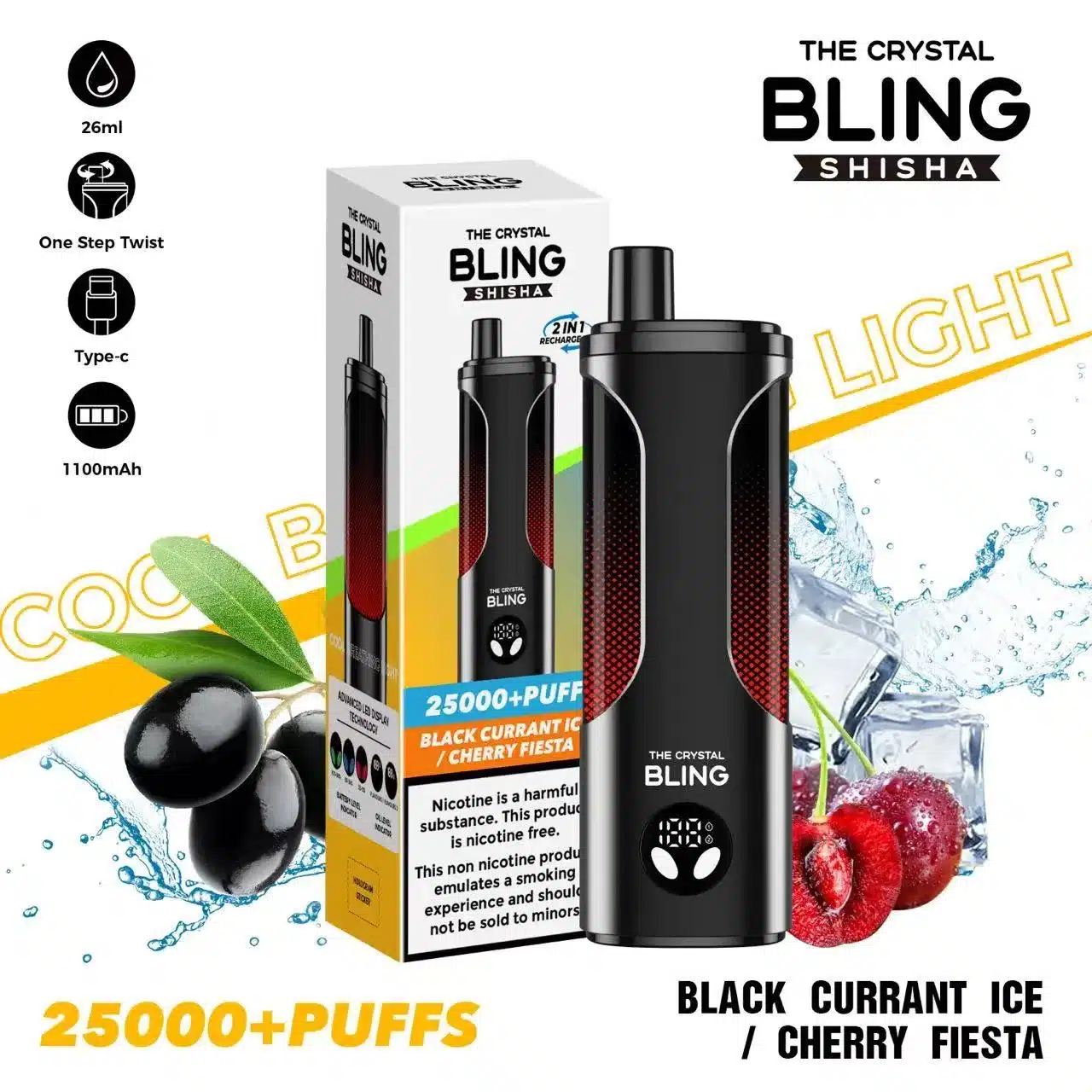 THE CRYSTAL BLING SHISHA 25000PUFF BLACK CURRANTICCHERRY FIESTA