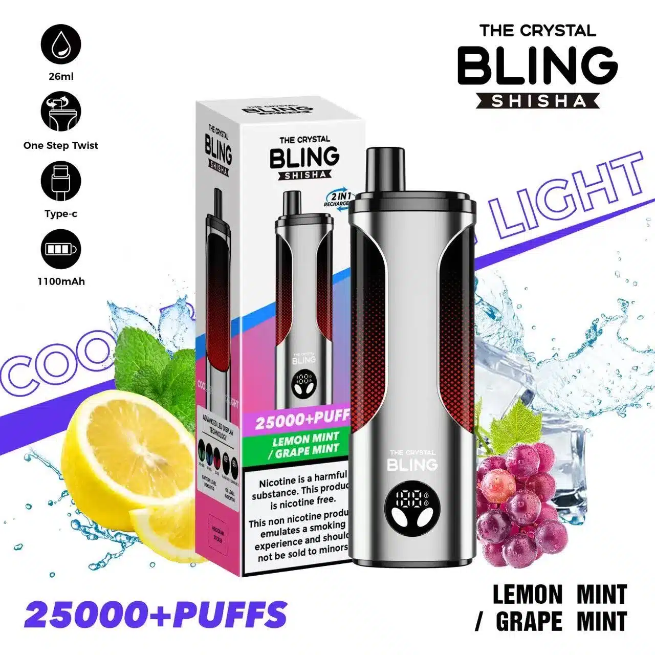 THE CRYSTAL BLING SHISHA25000PUFF LEMON MINTGRAPE MINT
