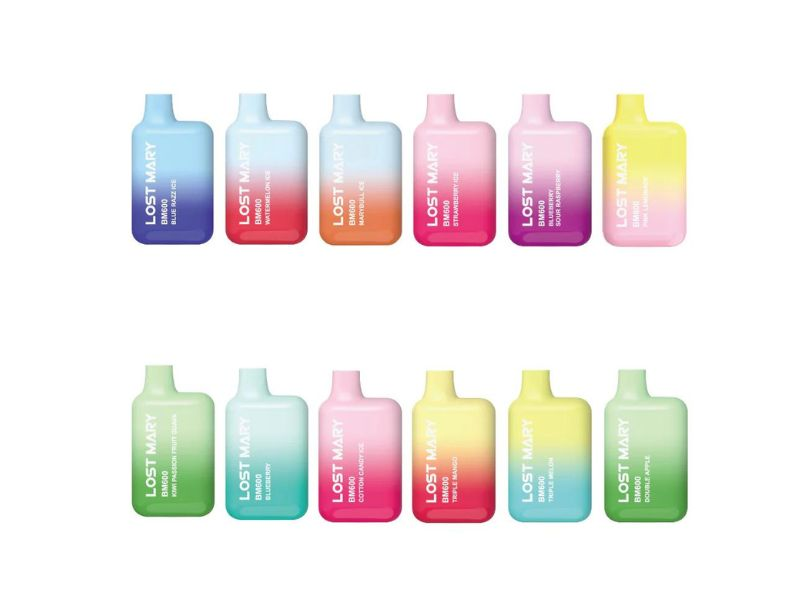 Colorful vape products arranged in two rows.