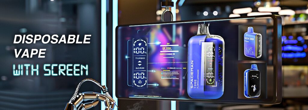 Display showcasing disposable vapes with screens.