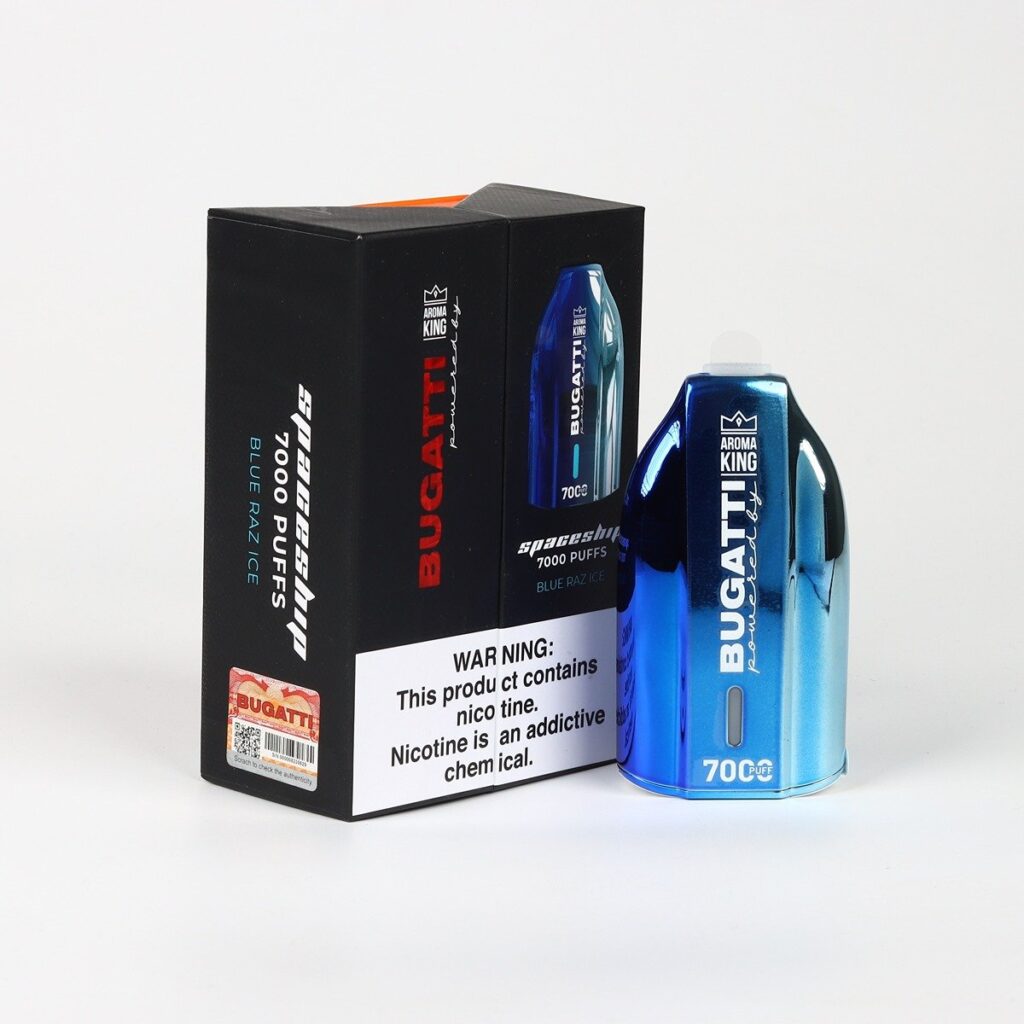 Blue Bugatti vaping device with warning label.