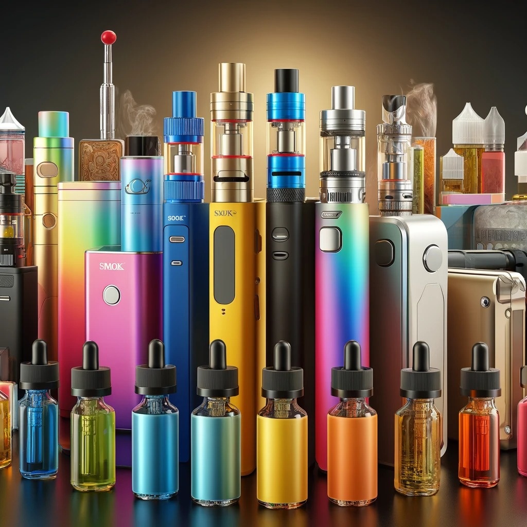 Variety of colorful vaping devices and e-liquids