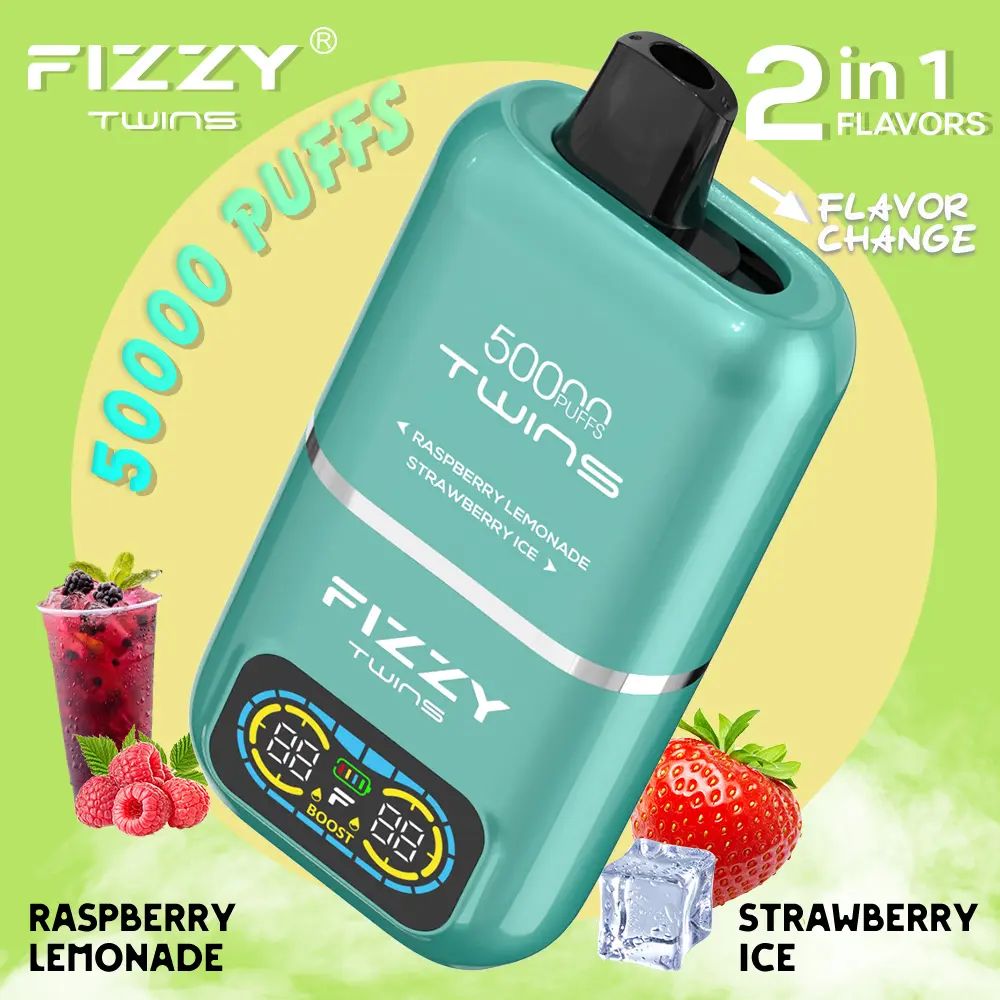 FIZZY Twins vape with raspberry lemonade and strawberry ice.
