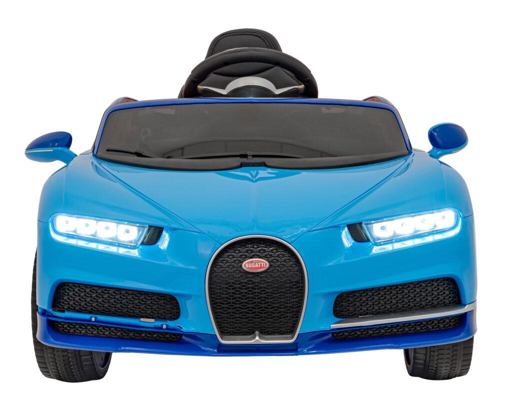 Front view of a blue Bugatti toy car.