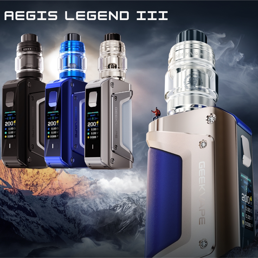 Three Aegis Legend III vape mods on display.