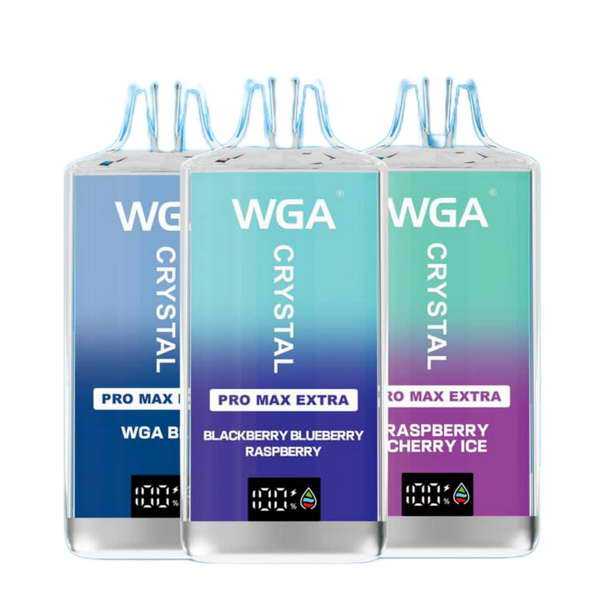 Three WGA Crystal vape flavors: Blackberry, Raspberry, Cherry Ice.