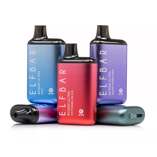 Four colorful ELF BAR disposable vapes.