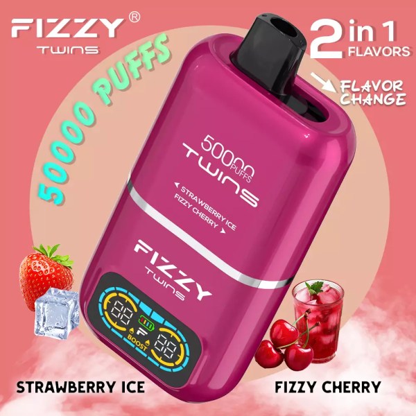 Pink vape device with strawberry ice and cherry flavors.