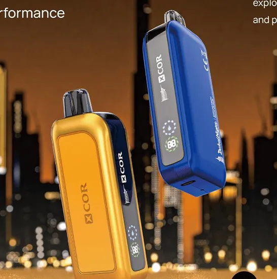 Two stylish vape devices against a city backdrop.
