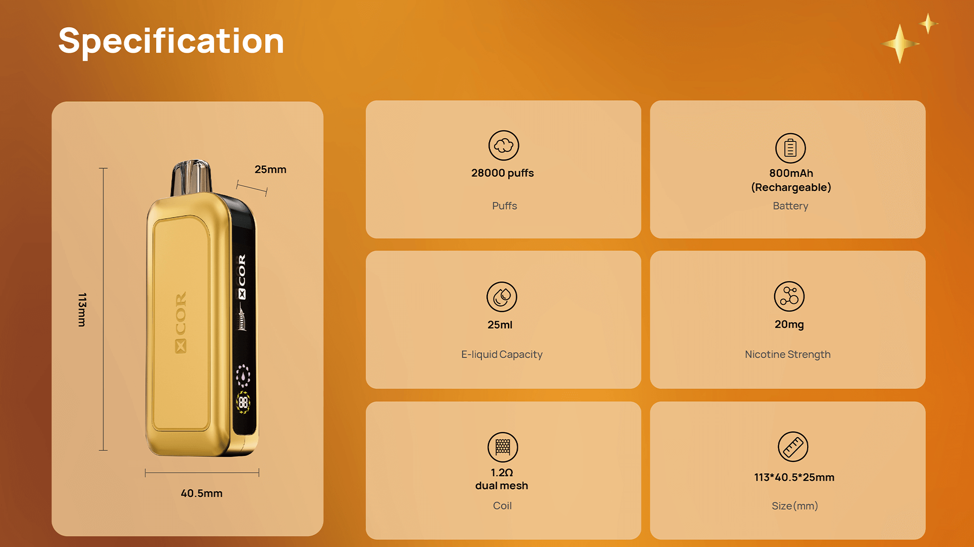 Vaping device specifications and features overview.