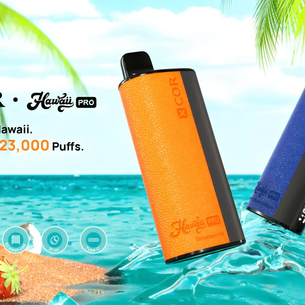 Vape devices promoting Hawaiian tranquility and puffs.