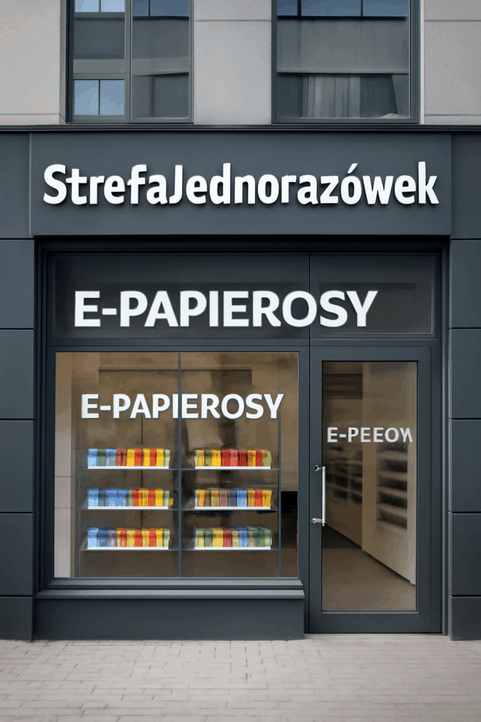 Storefront displaying e-cigarette products and colorful banners.