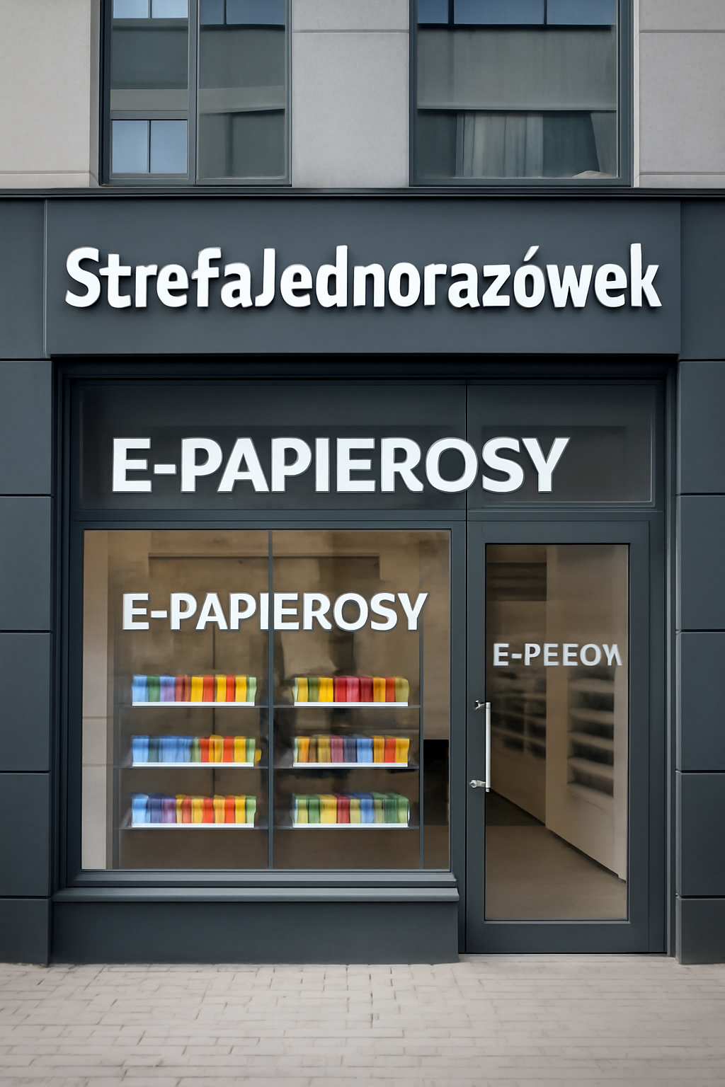 Storefront displaying e-cigarette products and colorful banners.