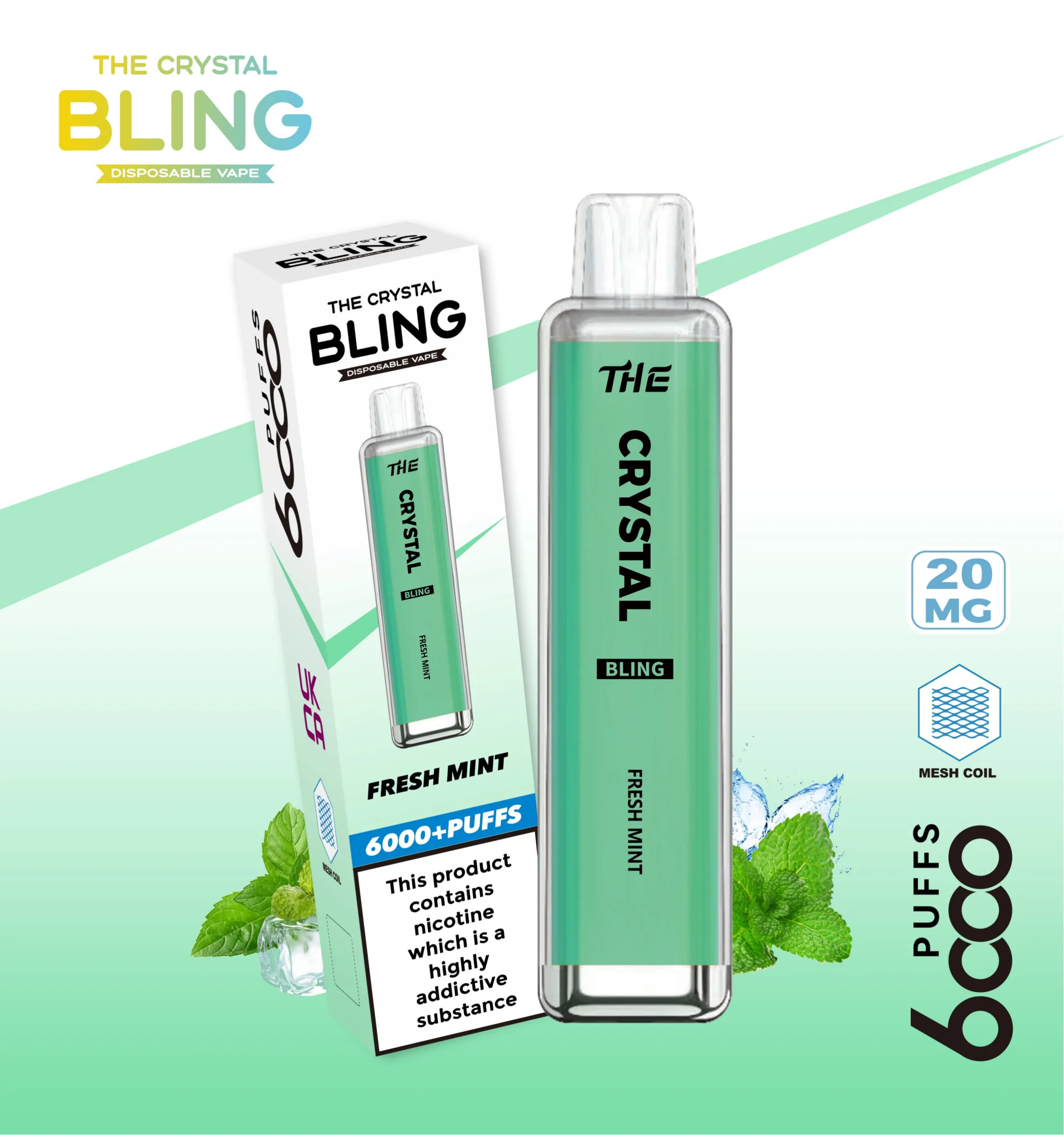 Fresh mint flavored disposable vape product.