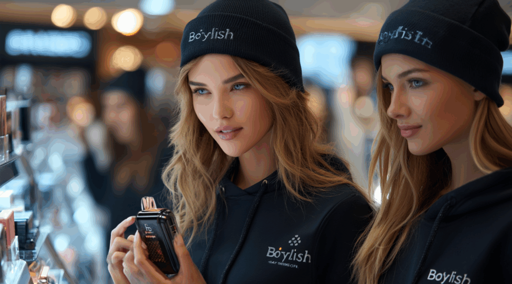 Two women shopping for cosmetics in a store.