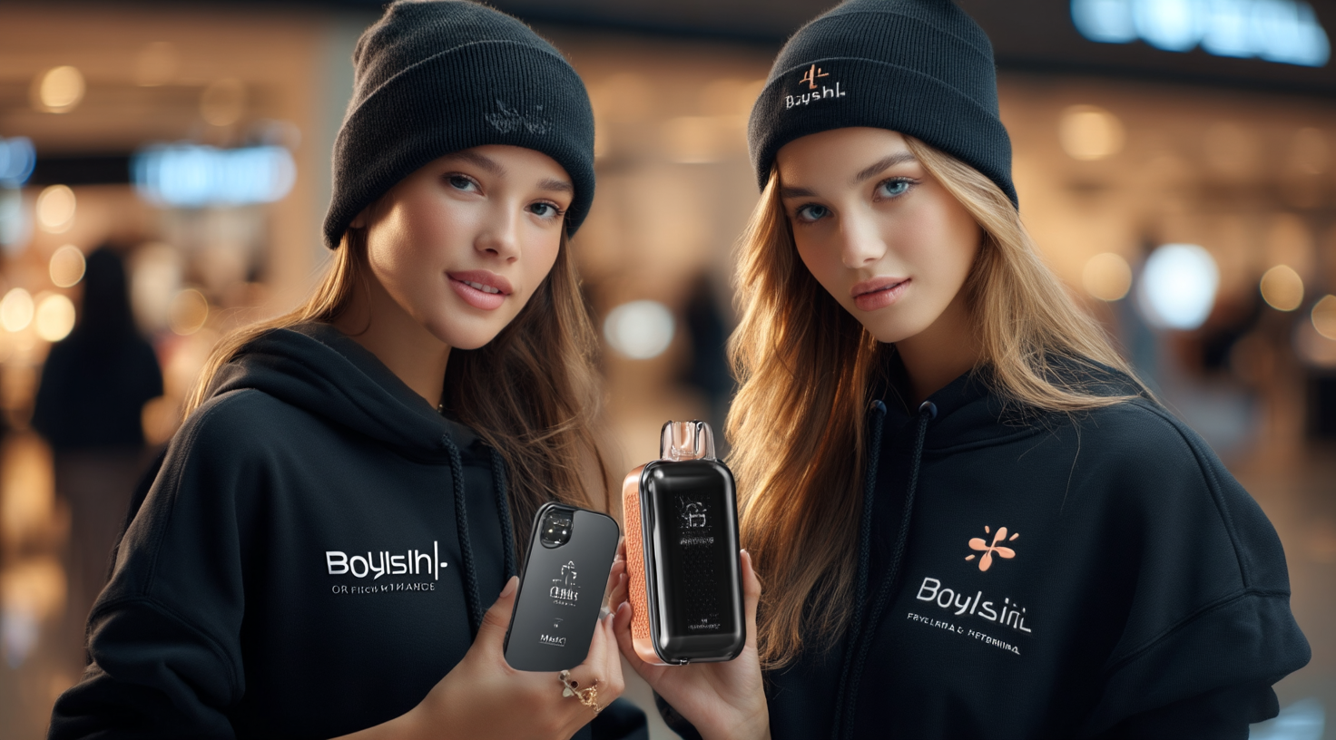 Two models showcasing Boyishl products in hoodies.