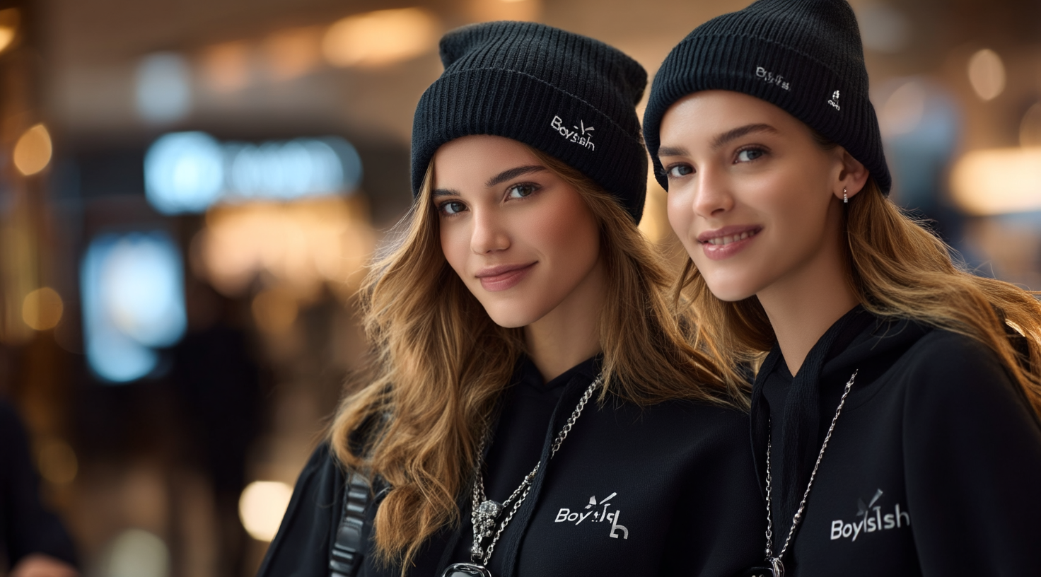 Two young women smiling in matching black hoodies.