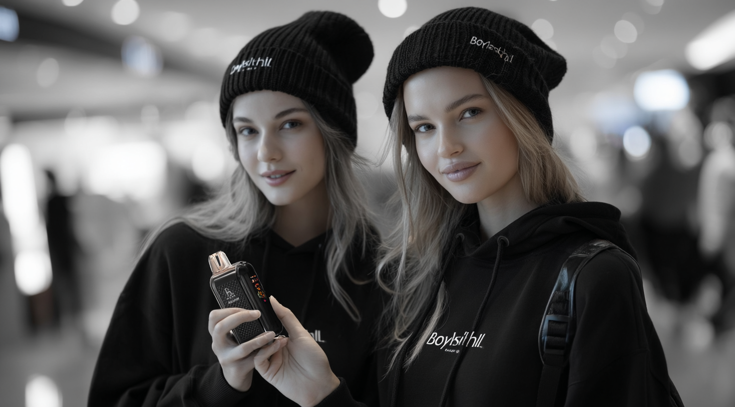Two women holding a vape device, smiling.