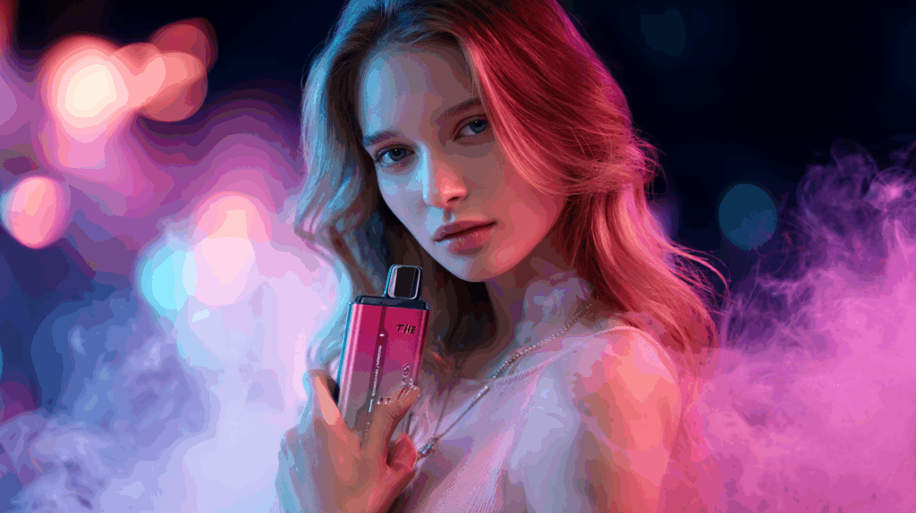 Young woman with vape amid colorful smoke effects.
