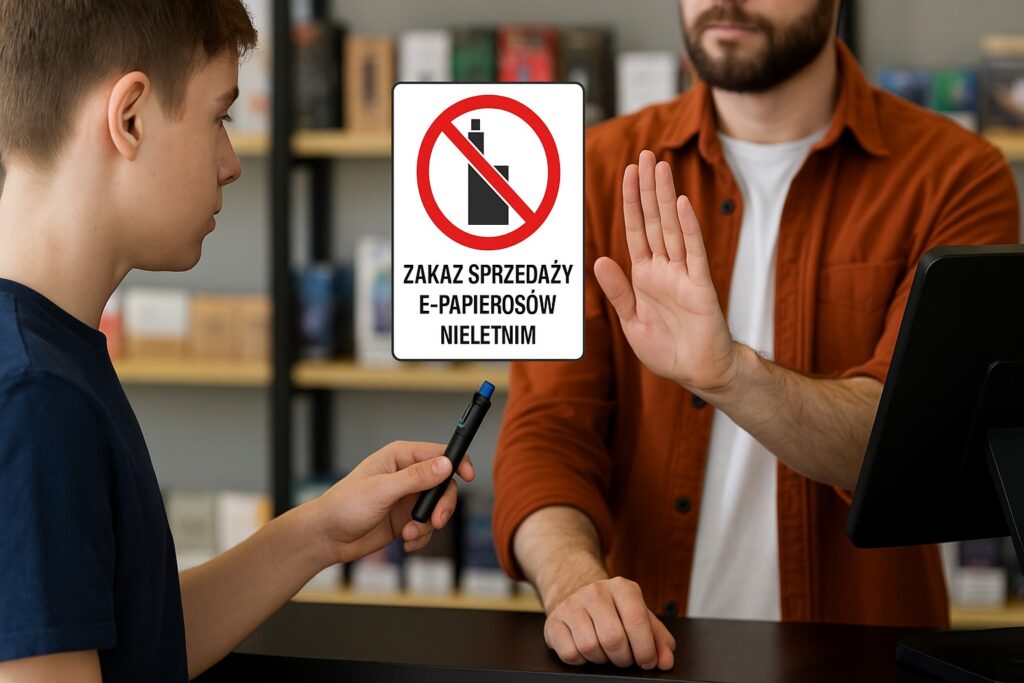 Young person being denied vape purchase in store.