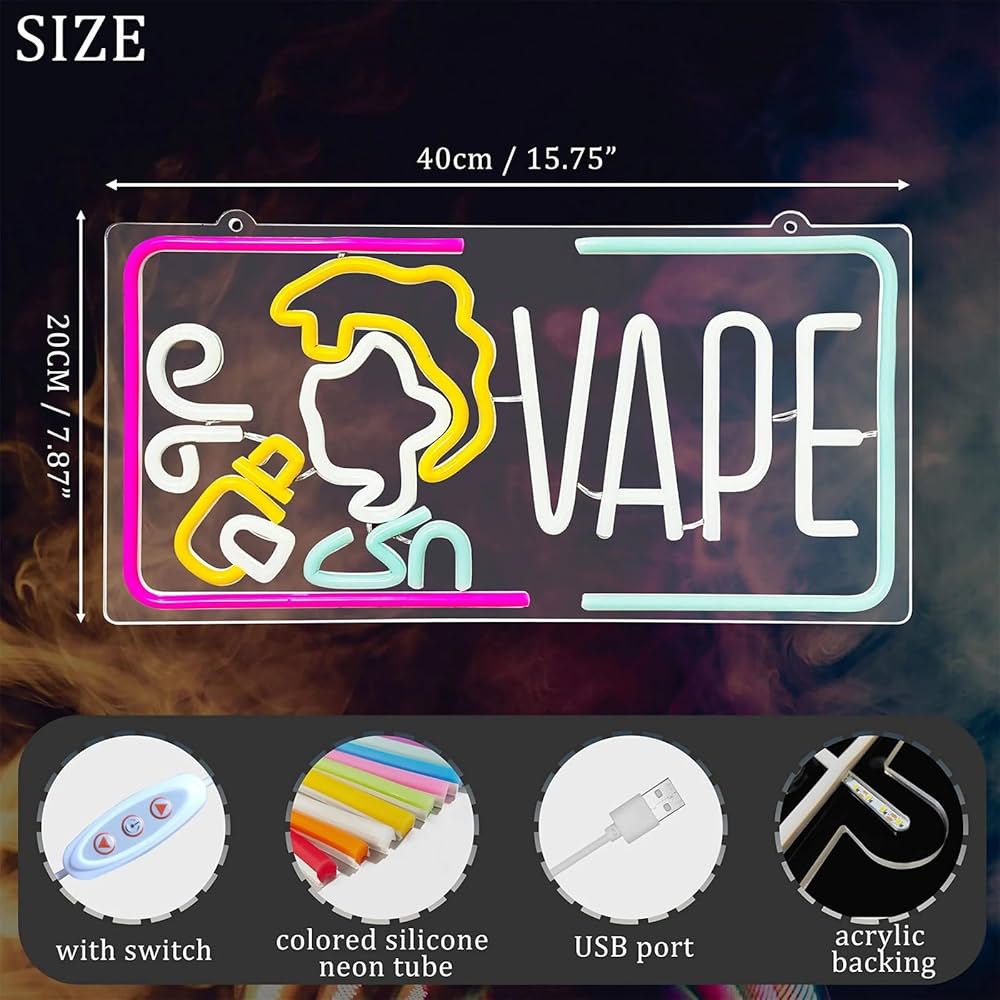 Neon vape sign with colorful design and USB port