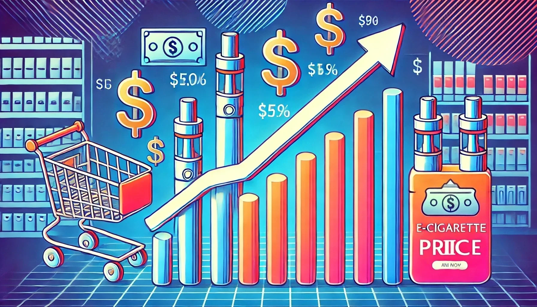 E-cigarette price growth visualized with charts and icons.