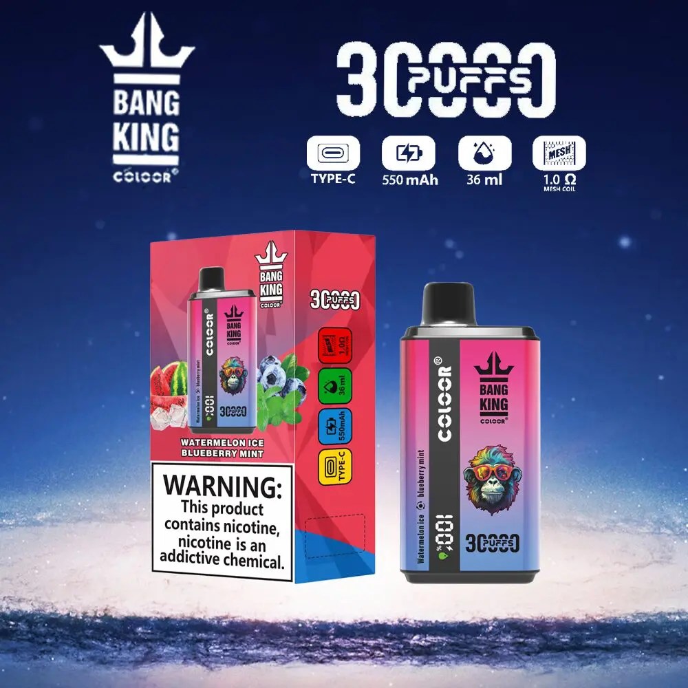 Colorful vape with watermelon ice and blueberry mint flavor.