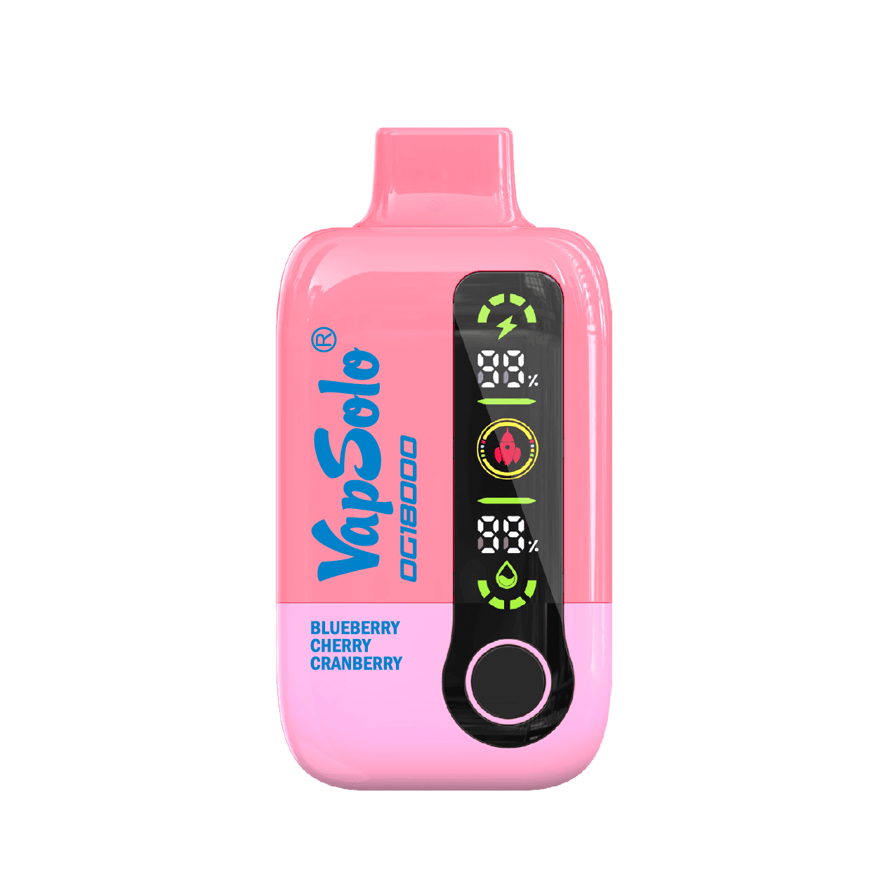 Vape device with blueberry, cherry, and cranberry flavors.