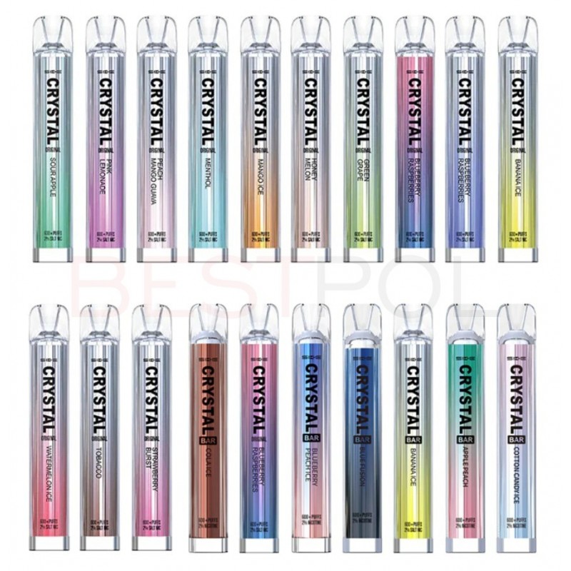 Variety of Crystal Bar flavors in colorful packaging.