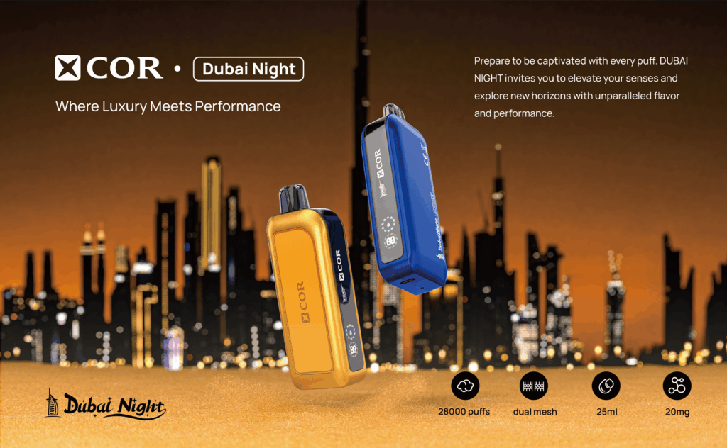 Luxury vaping device against Dubai skyline backdrop