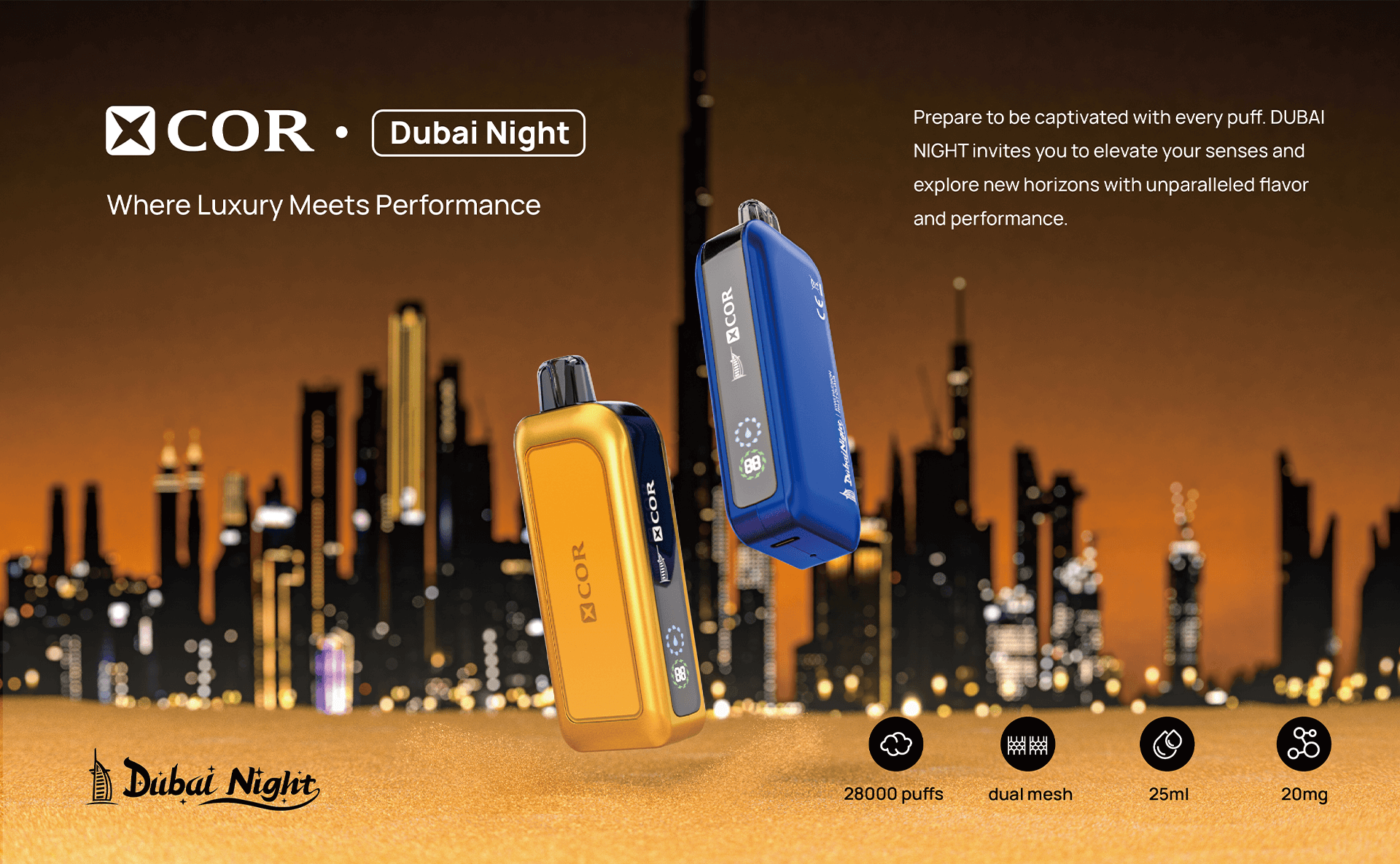 Luxury vaping device against Dubai skyline backdrop