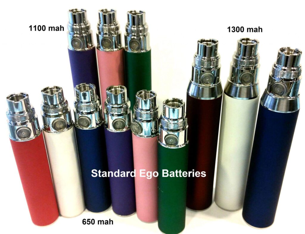 Colorful standard ego batteries with varying capacities.