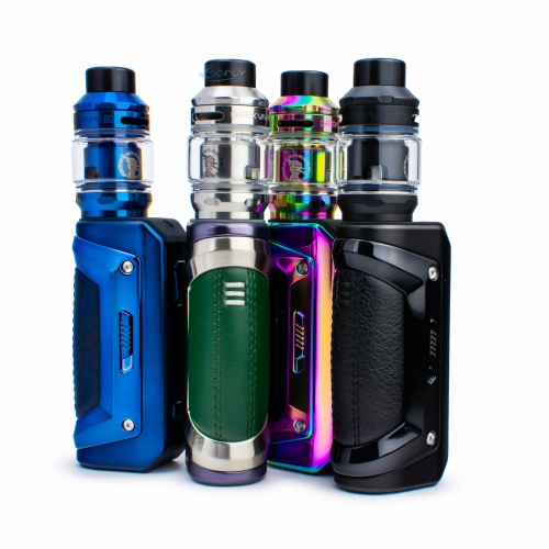 Four colorful vape devices arranged together.