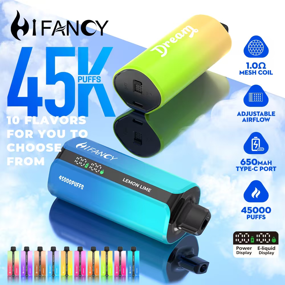 Vape device offering 45000 puffs and 10 flavors.