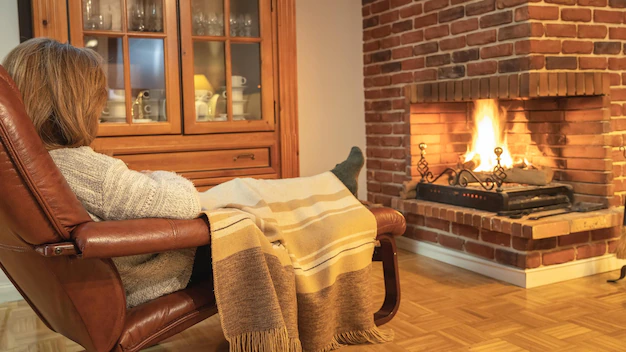 Cozy scene of a person by the fireplace.