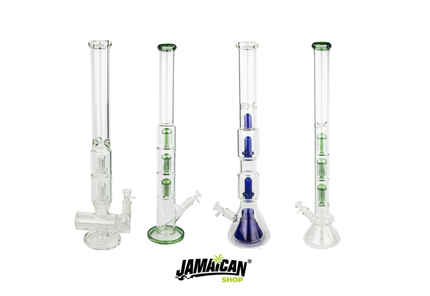 Variety of glass bongs on display