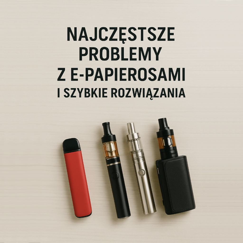 Ilustracja przedstawiająca typowe problemy z e-papierosami i ich rozwiązania.