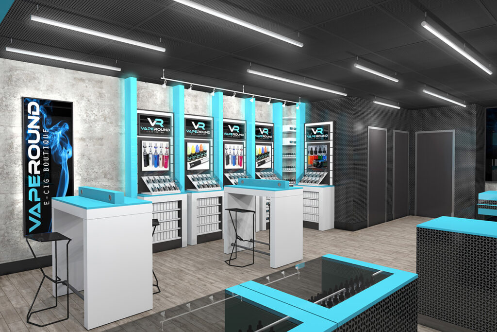 Modern vape shop interior with product displays.