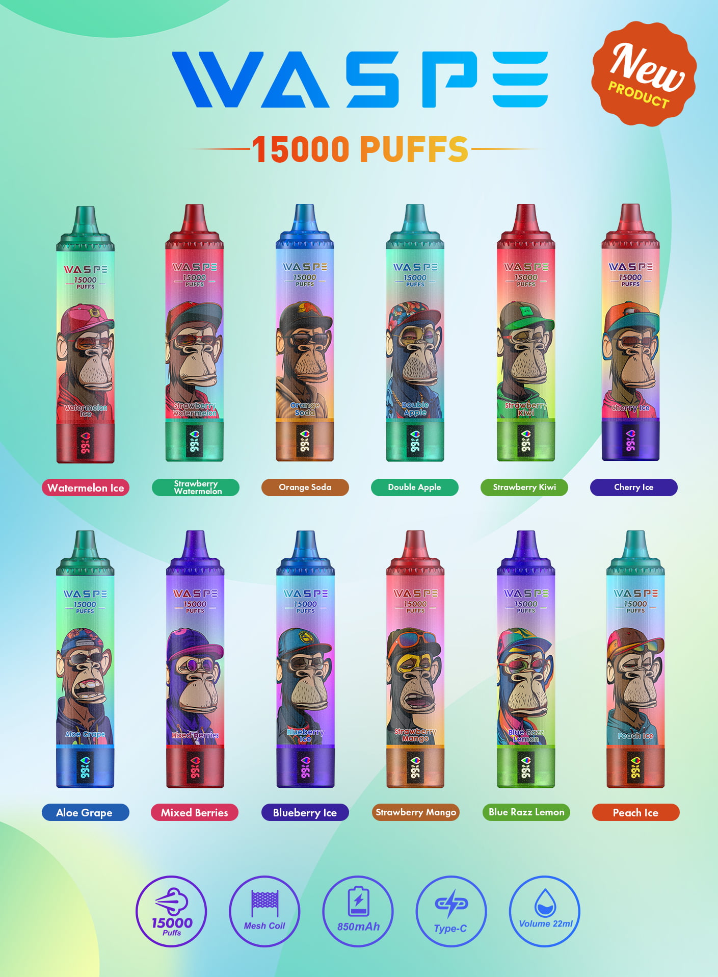 WASPE vape flavors with colorful designs and features