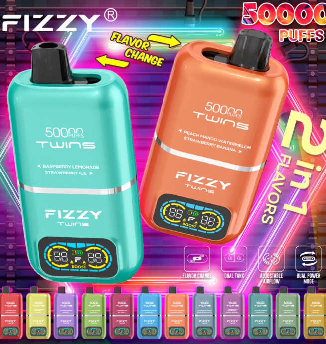 E-papieros jednorazowy Fizzy Twins 50000 Puffs, wyraźnie pokazujący dwa osobne zbiorniki na liquid i grzałki, symbolizujący innowację.