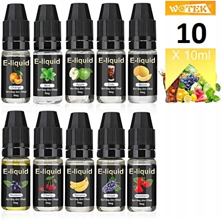 Zdjęcie butelek z e-liquidem o owocowych smakach.