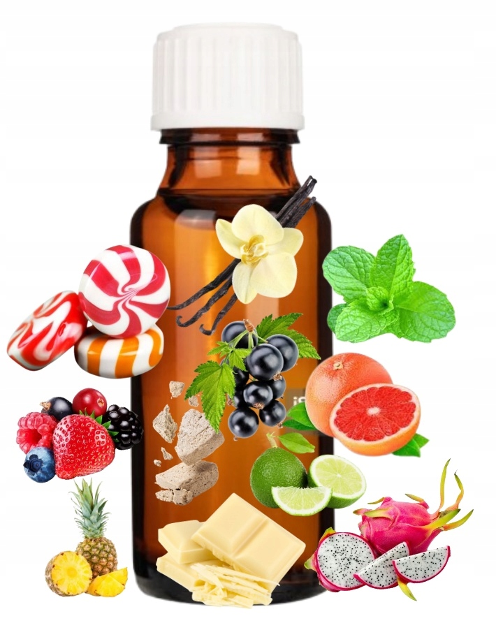Zestaw butelek z różnymi aromatami do e-liquidów.