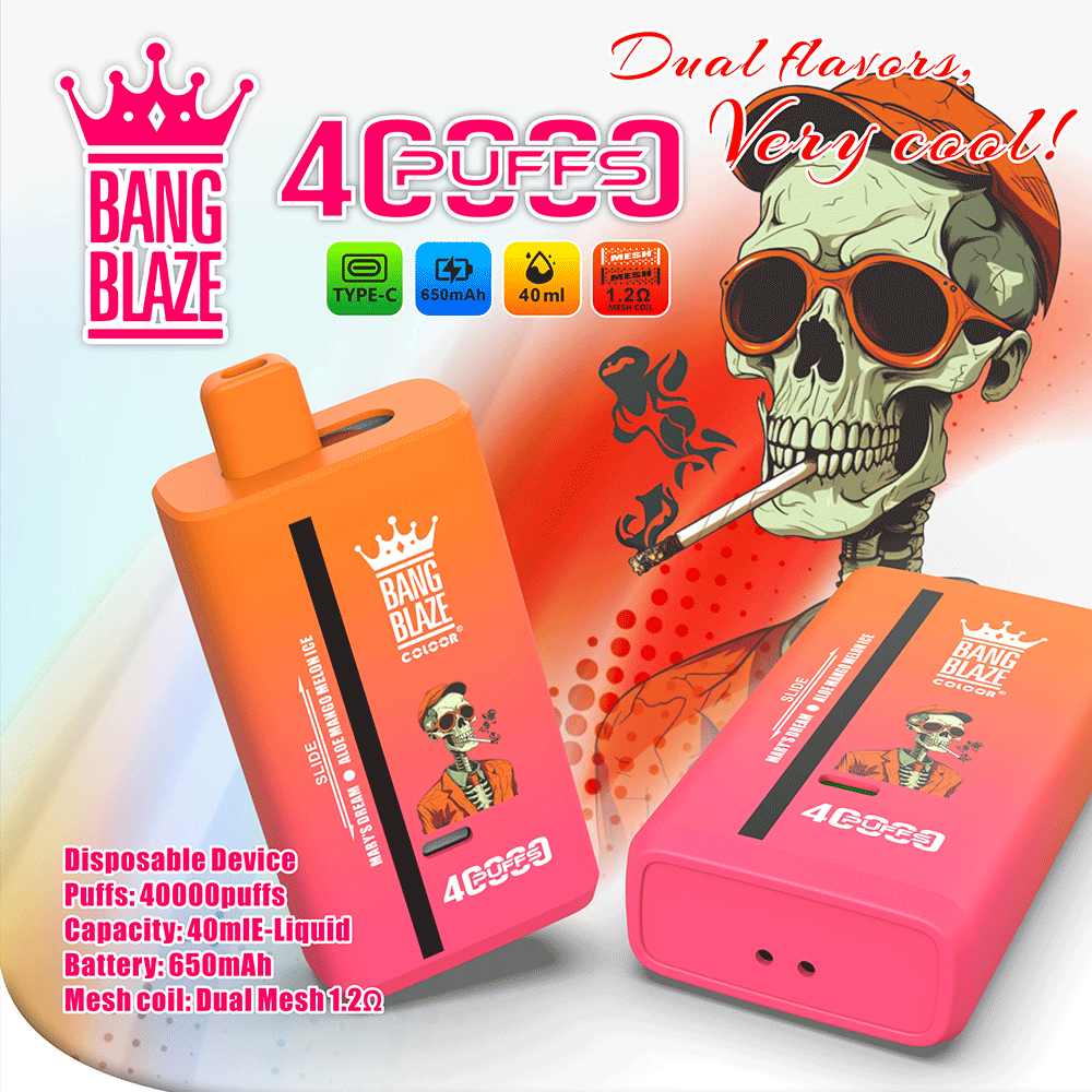 E-papieros jednorazowy Bang Blaze 40000 Puffs Dual Smak, z lśniącym złotym medalem lub trofeum obok, podkreślający jego wszechstronne zwycięstwo.