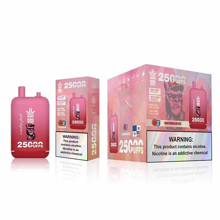 Grafika przedstawiająca dwa e-papierosy Bang King i Bang Box w otoczeniu symboli królewskich, jak korony i berła, sugerująca pojedynek.