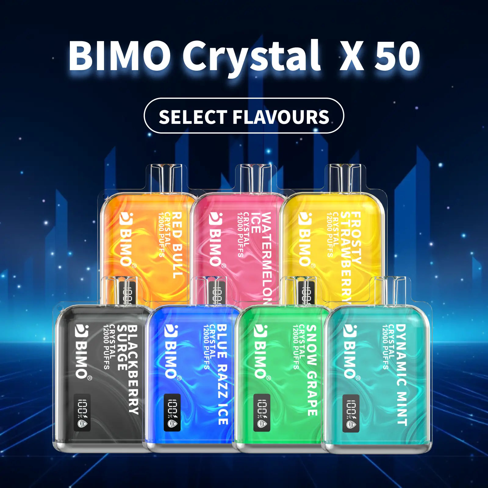 Zbliżenie na e-papieros Bimo Crystal 12000, ukazujące jego przezroczystą, krystaliczną obudowę i eleganckie wykończenie