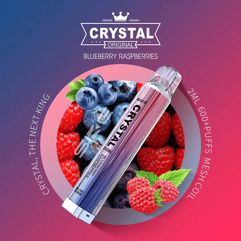 Wizualizacja różnych owocowych smaków e-papierosów SKE Crystal Bar, z naciskiem na świeżość i orzeźwienie (np. owoce z kostkami lodu).