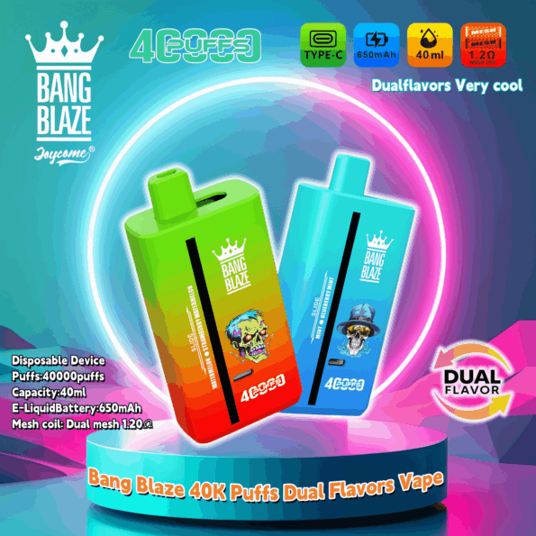 E-papieros Bang Blaze z wyraźnie widocznym mechanizmem Dual Flavor (np. suwakiem), generujący dwie chmury pary w nieco różnych odcieniach, symbolizując innowacyjność i wszechstronność.