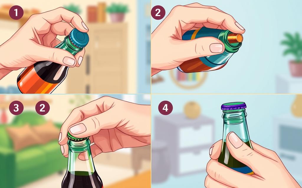 Schemat działania zakrętki zabezpieczającej przed dziećmi.