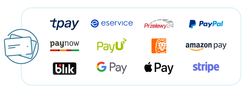 Grafika przedstawiająca różne bezpieczne metody płatności online.